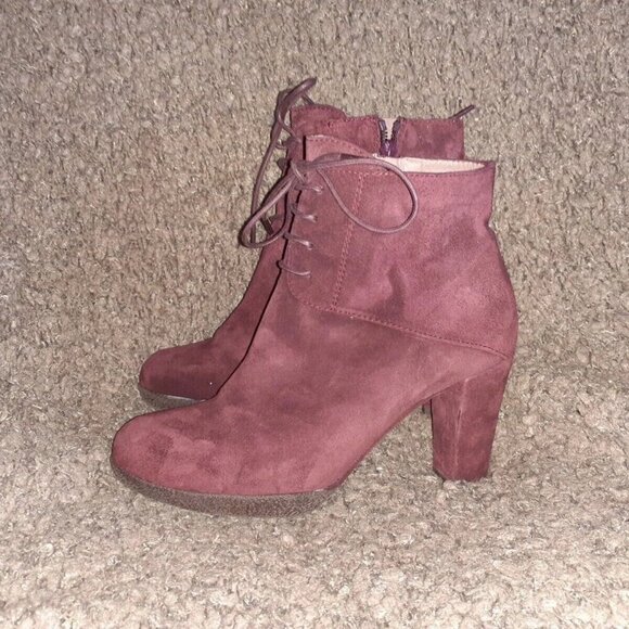 GADEA-Plum Suede Lace-Up/Side Zip-Ankle Booties-Block Heel-Sz 37-Near Mint - Picture 2 of 8